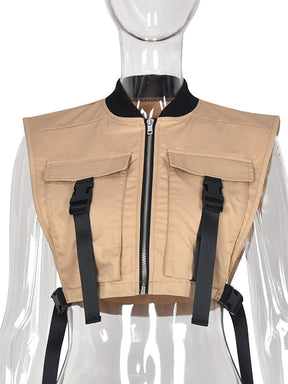 Frauen Ärmellose Taschen Schnalle Reißverschluss Sexy Cropped Jacke Weste Top 2022 Frühling Harajuku Party