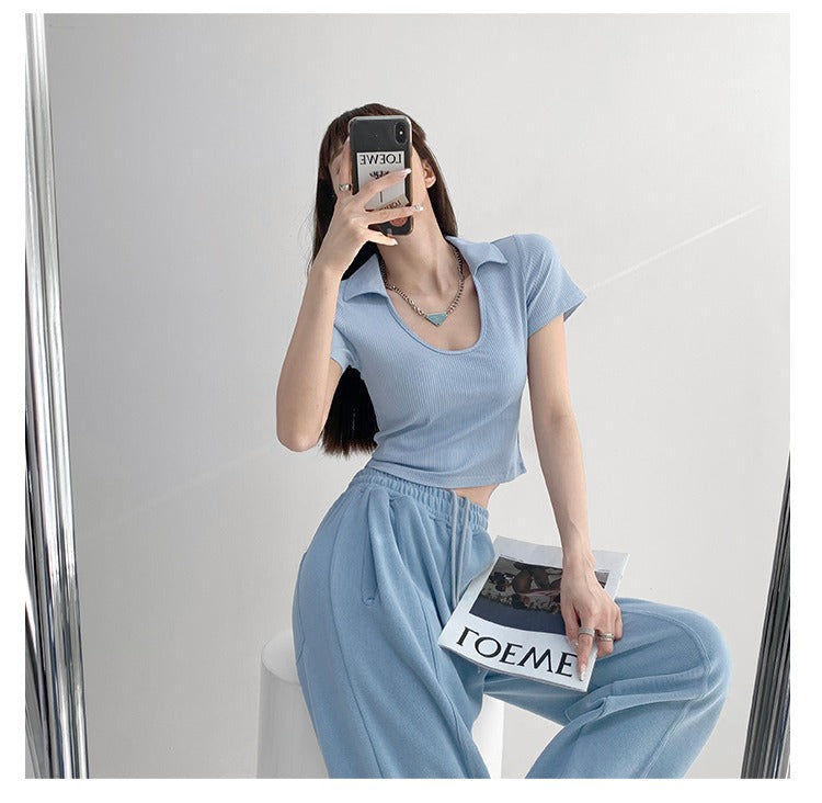 Y2K Tops Women U-shaped Lapel Short Sleeve Tees Summer High Waist Thread Crop Top