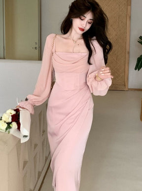 Package Hip Dress Spring Elegant Long Sleeve Slim Waist Mesh Patchwork