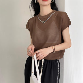 Hollow T-shirt Chain Women Summer New Solid Color Short Sleeve Knitted Tops Female 2022