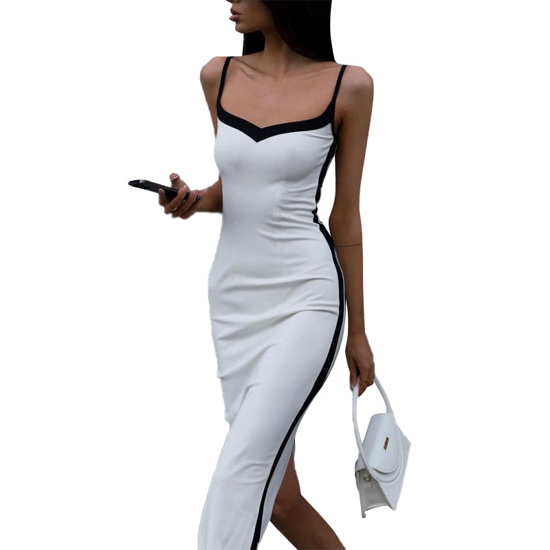 Color Bloack V Neck Sleeveless Slip Slit Sexy Bodycon Maxi Dress Y2K Outfit