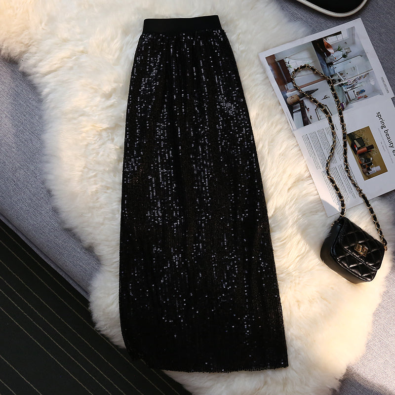 Sequin Long Skirt Women Summer High Waist Elastic Wraps Skirts Female Fashion Elegant