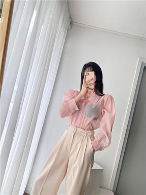 See Through Button Down Shirts Women New Loose Long Sleeve Blouse Female 2022 Summer Suncreen Tops