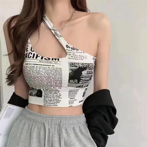 Newspaper Print Camisole Women Slanted Shoulder Hollow Sleeveless Tops Beautiful Back Woman