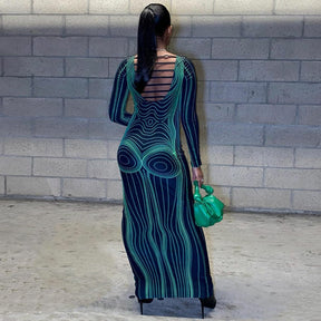 Striped Print Long Sleeve See Through Sexy Bodycon Maxi Dress