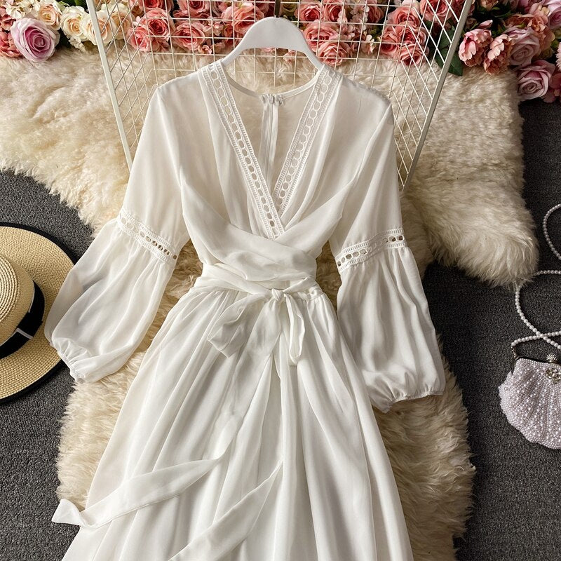 Beach Holiday Style Dress Women Elegant V-neck Lace-up High Waist Dress