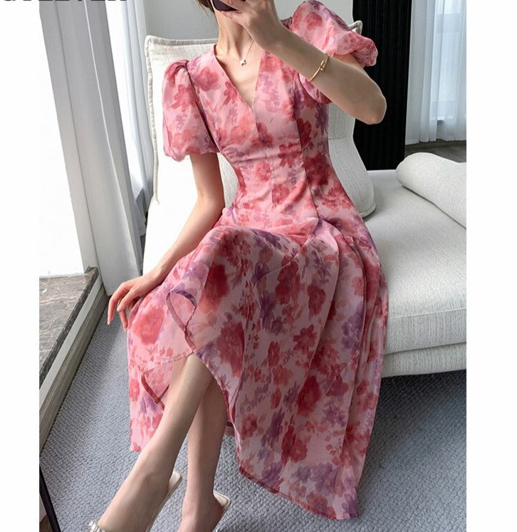 BSummer V-neck Slim Waist Floral Printed Ladies Dress Elegant Puff Sleeve A-line Vestidos