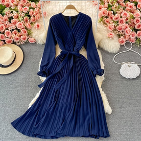 Slim Dress Elegant A Line V Neck Puff Sleeve Chiffon Pullover Mid-Calf Dresses