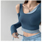 Patchwork Women's T-shirt Fake Two-piece Slim Long Sleeve Y2K Crop Tops Woman