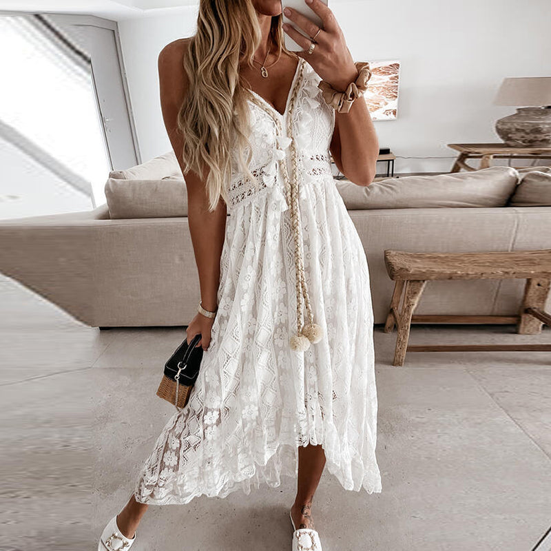 Frauen Kleid Strand Stil elegante weiße Spitze Spaghetti Srap Sommerkleid weiblich aushöhlen Boho