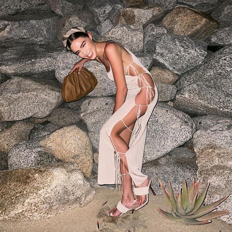 Side Hollow Out Bandage Long Dress Streetwear Beige Lace-up Sapghetti Strap Vestito