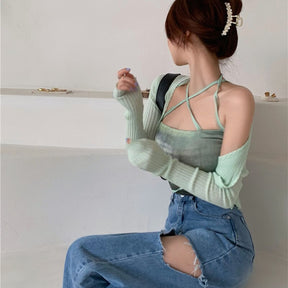 Summer Cardigan Two Piece Sets Women Fashion Slim Green Tie-dye Tops+See Through Thin Knitted