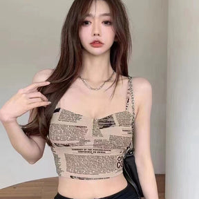 Newspaper Print Camisole Women Slanted Shoulder Hollow Sleeveless Tops Beautiful Back Woman