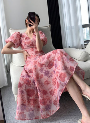 BSummer V-neck Slim Waist Floral Printed Ladies Dress Elegant Puff Sleeve A-line Vestidos