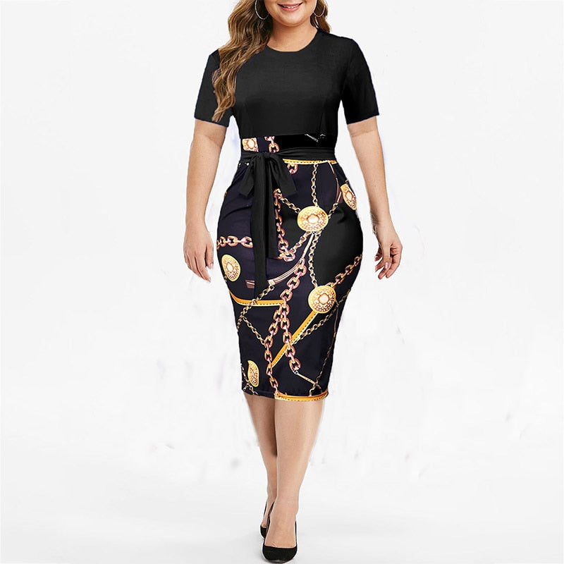 Vintage Print Plus Size Knielanges Kleid Damen Sommer Kurzarm Midi Elegante Kleider