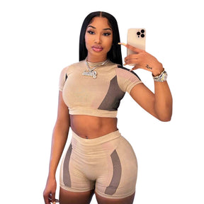 O-Ausschnitt mit kurzen Ärmeln Patchwork Sexy Crop T-Shirt Shorts 2-teiliges Set