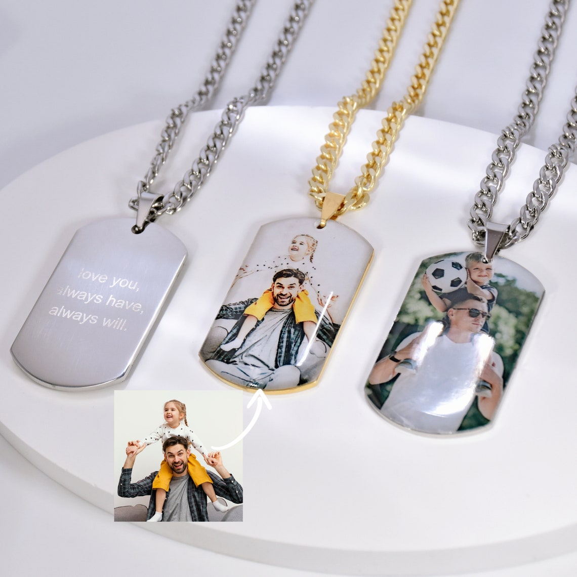 Collana con foto personalizzata Ciondolo con immagine con testo inciso Gioielli commemorativi per la famiglia