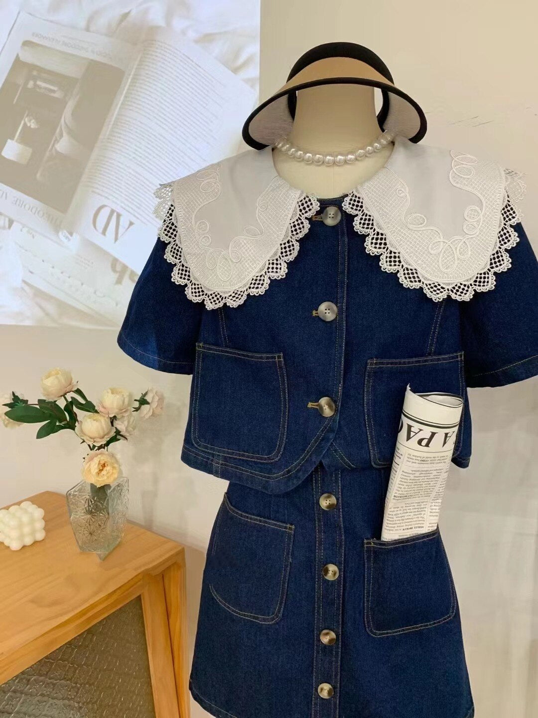 Summer Sweet Denim Suit Lace Peter Pan Collar Single Breasted Tops+high Waist A-line Skirts