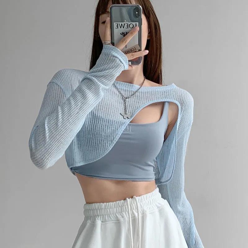 Hollow Smock T Shirt Women Summer Thin Irregular Long Sleeve Knitted