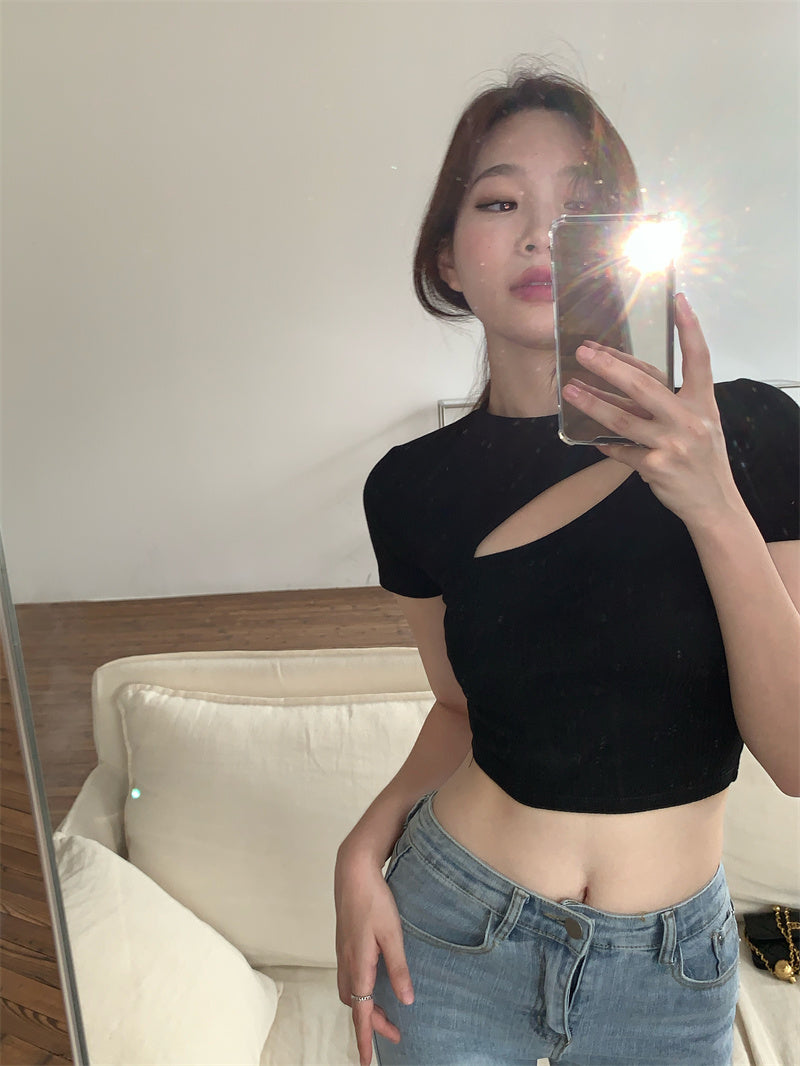 T Shirt Women Summer Hollow Crewneck Cropped Tops Irregular Tight Fitting Short Sleeve