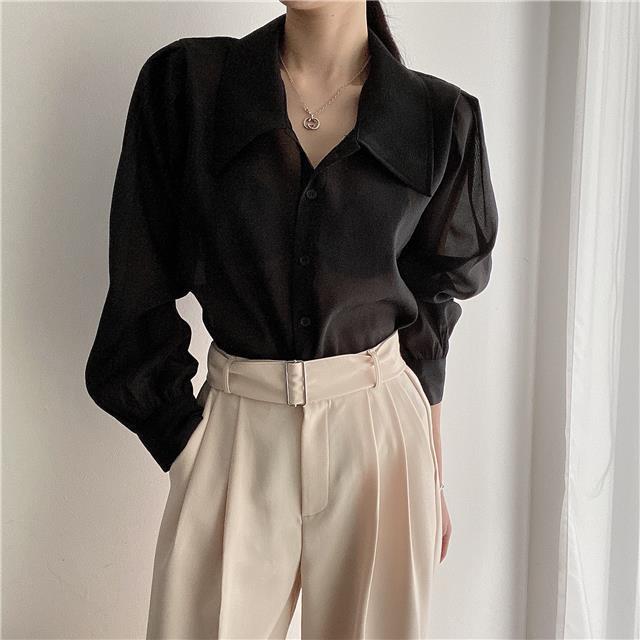 See Through Button Down Shirts Women New Loose Long Sleeve Blouse Female 2022 Summer Suncreen Tops