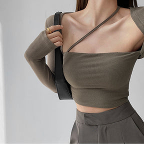 Cropped Tops Women Square Collar Slanted Shoulder Straps Halter Neck Long Sleeve T-shirt