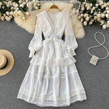 Lace Hollow Out White Dress Women Elegant V-neck Beach Holiday Style Dress