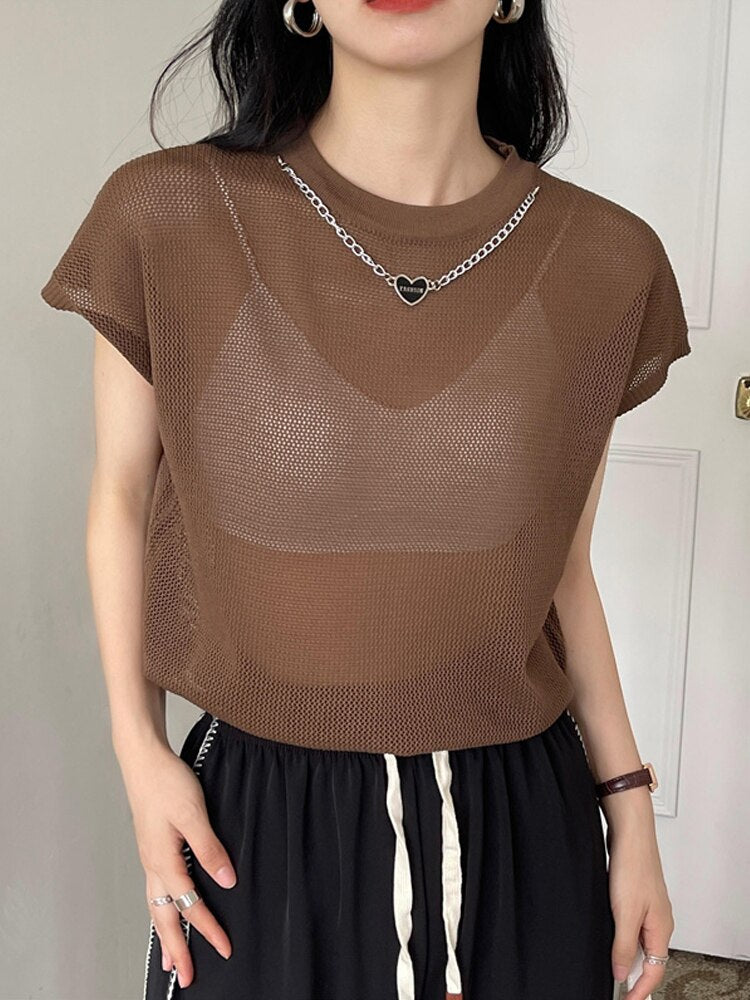 Hollow T-shirt Chain Women Summer New Solid Color Short Sleeve Knitted Tops Female 2022