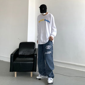 retro hip-hop letter embroidery jeans loose straight-leg pants wide-leg pants for men and women couples