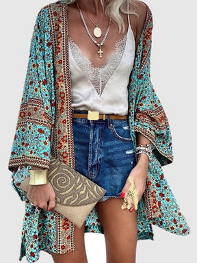 Cardigan Women Bohemian Floral Printed Blouse Open Front Loose Beach Tops Vintage Long Sleeve