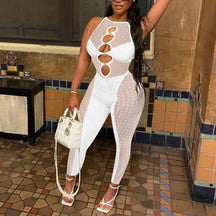 Mesh-Frauen-Sleeveless Jumpsuit Skinny Sexy Streetwear Sportswear lange Hose Strampler 2022 Sommer