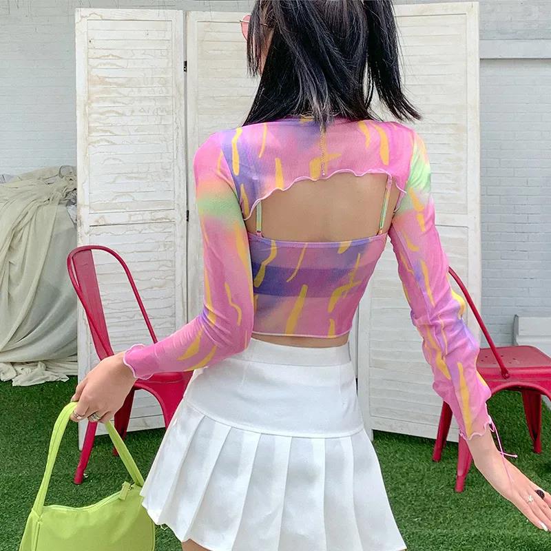 Hollow Bandage T-Shirt Women Sweet Suits Color Pattern Mesh Camisole + Long Sleeve Smock Female