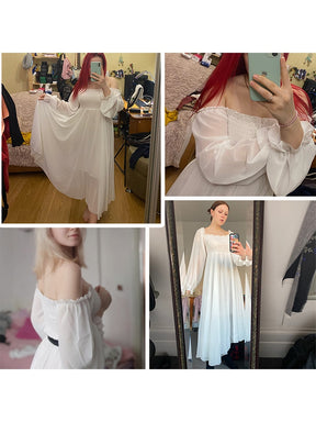 Holiday Puff Sleeve Slash Neck Off Shoulder Smocked White Chiffon Dresses