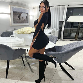 Long Sleeve Patchwork Mesh See Through Sexy Bodycon Mini Dress Evening Clothes