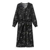 V-neck Long Sleeve Printed Dress Slim Waist Lace-up Split Midi Dress vestidos