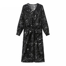 V-neck Long Sleeve Printed Dress Slim Waist Lace-up Split Midi Dress vestidos