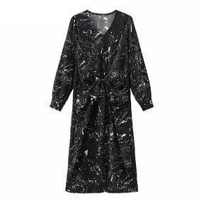 V-neck Long Sleeve Printed Dress Slim Waist Lace-up Split Midi Dress vestidos