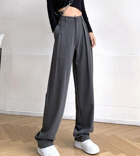 Long Suit Pants High Waist Button Women Wide Leg Trousers