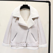 Faux Lamb Leather Jacket Pu Moto Zipper Jacket Warm Thick Outerwear