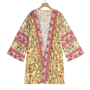 Cardigan Women Bohemian Floral Printed Blouse Open Front Loose Beach Tops Vintage Long Sleeve