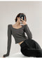 Fishbone Pattern Women's Long Sleeve T-shirt High Waist Slim Square Collar Tops Woman