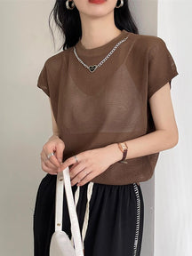 Hollow T-shirt Chain Women Summer New Solid Color Short Sleeve Knitted Tops Female 2022