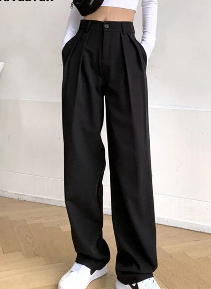 Long Suit Pants High Waist Button Women Wide Leg Trousers