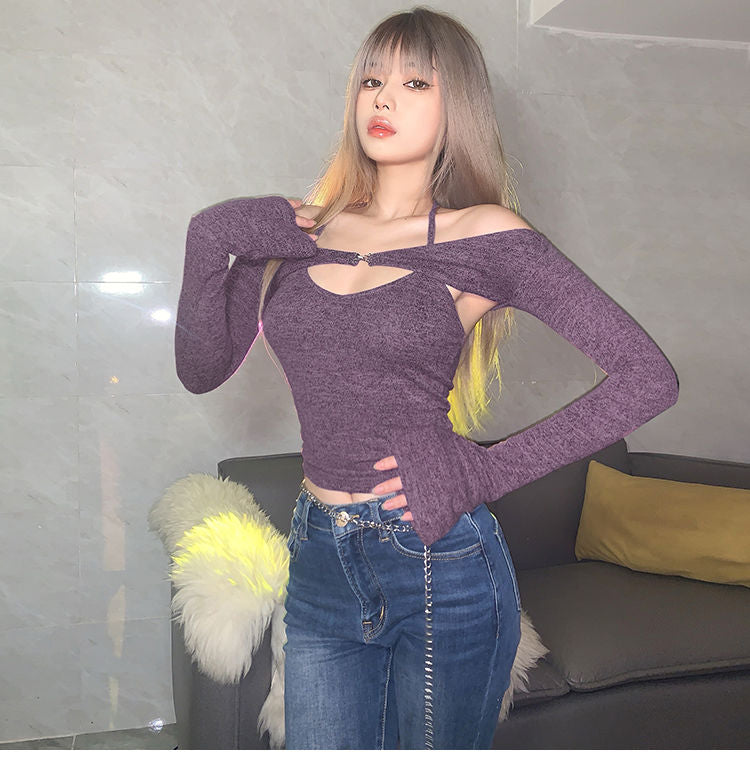 Halter Strapless T-shirt Women Sweet Sexy Off The Shoulder T-shirts Slim Two Piece Tops Woman