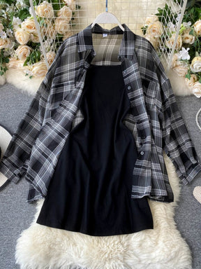 Two Piece Set Long Sleeve Plaid Grey Overcoats Spaghetti Strap Slim Dress