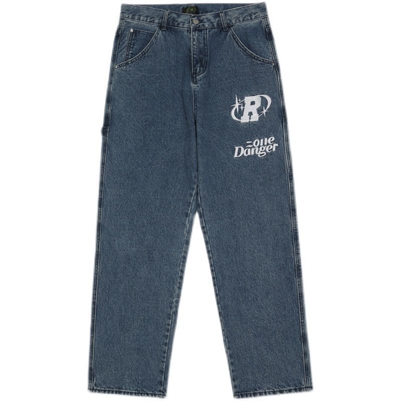 Retro-Hip-Hop-Jeans mit Buchstabenstickerei, lockere Hose mit geradem Bein, Hose mit weitem Bein für Männer und Frauen