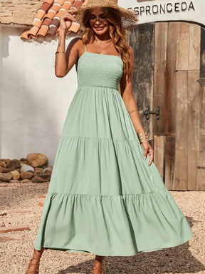 Spaghettiträger Maxikleid Damen Sommer ärmellos gesmokt Boho Long Beach Kleid Sommerkleider