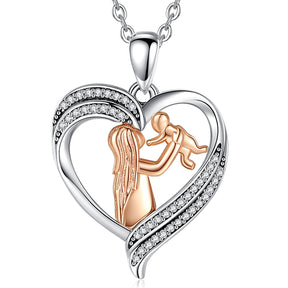 Mother and Baby Necklace Rose Gold Paved-Crystal Heart Pendant Jewelry Mother's Day Gift for Women