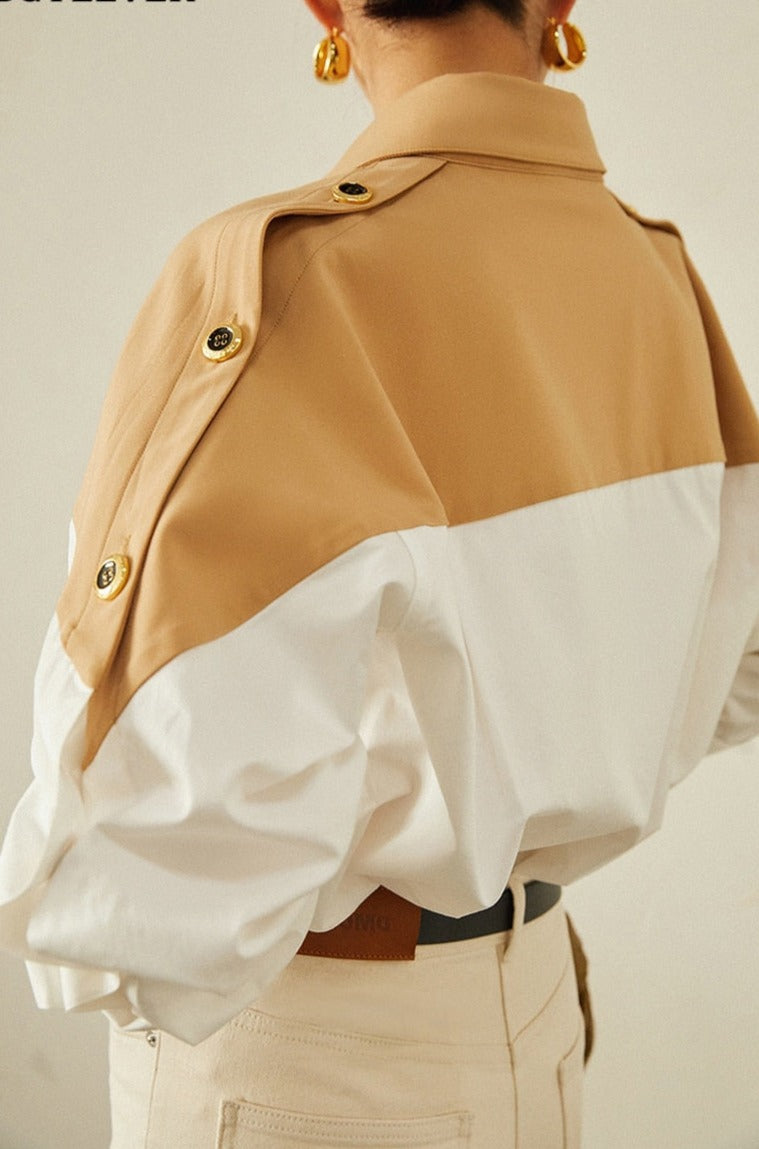 Patchwork Lapel Women Shirts Long Sleeve Single-breasted Loose Female Blouses
