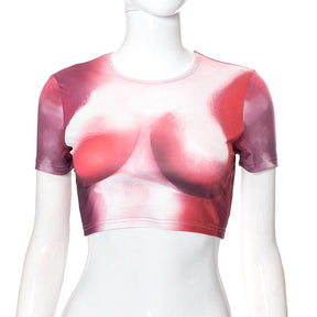 Tie Dye Print O-Ausschnitt Kurzarm Crop Top T-Shirt Sexy Slim Cyber